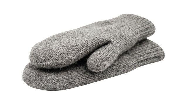 Grey wool mittens for winter warmth, cozy knitted handwear accessories, soft heathered texture woollen gloves for cold weather protection isolated PNG with Transparent Background