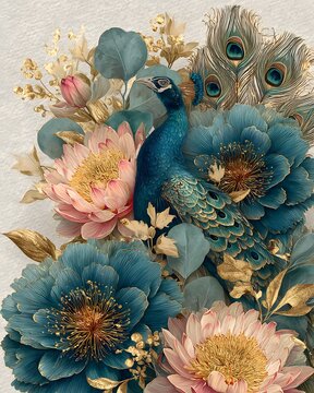 Elegant watercolor botanical frame with graceful peacock feathers and blooming pink lotus flowers.
