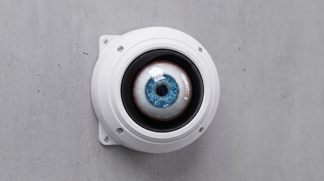 Surveillance camera with human eye lens concept representing security, privacy and monitoring technology