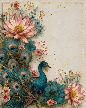 Romantic watercolor invitation background with layered peacock feathers, lotus flowers, delicate wildflowers.