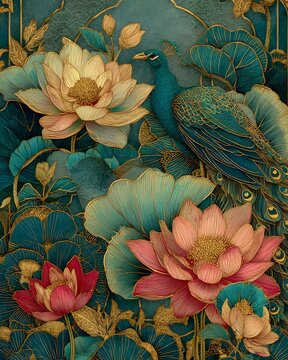 Luxury floral watercolor border featuring peacock feathers, lotus blossoms, eucalyptus leaves.