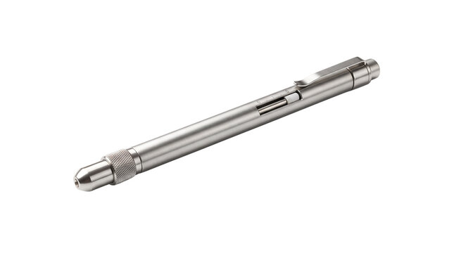 Industrial stainless steel scribe tool, precision metal marking pen for engineering, professional silver carbide tip scriber for machining and workshop use isolated PNG with Transparent