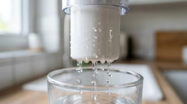 Clean water access is shown by water filter dripping purified water into glass in bright kitchen setting
