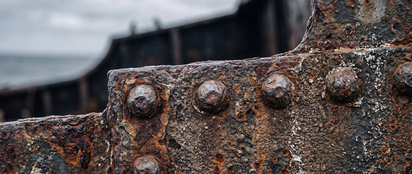 Rusty riveted metal close-up of corroded ship hull showing texture and maritime decay