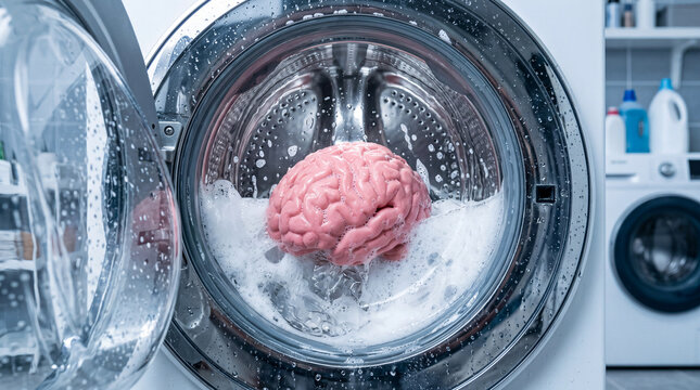 Surreal brain in washing machine concept representing brainwashing, mental reset and media manipulation