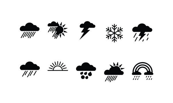 Black weather forecast icons set featuring rain clouds sun lightning and winter snowflake.
