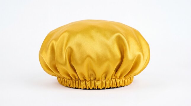 Shiny golden silk hair bonnet accessory for sleeping comfortably captured in professional studio on white background