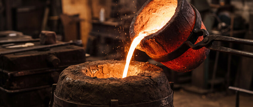 Foundry worker pouring molten metal from crucible into mold in industrial metalworking shop