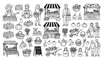 Fototapeta premium Line Art Farmers Market and Harvest Icon Set with People Produce Baskets and Market Stand Vector Collection