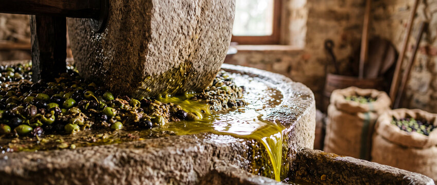 Traditional olive oil press in rustic stone mill producing fresh extra virgin olive oil