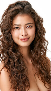 Asian woman with curly hair, soft lighting, and natural expression, highlighting skin glow and hair texture in a clean white background.