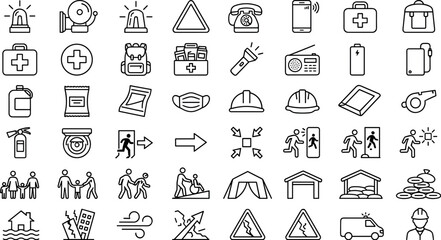 Fototapeta premium Emergency evacuation disaster preparedness and survival kit line icon set.