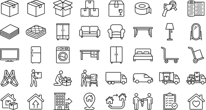 House moving logistics services home relocation and cargo delivery line icon setHouse moving logistics services home relocation and cargo delivery line icon set
