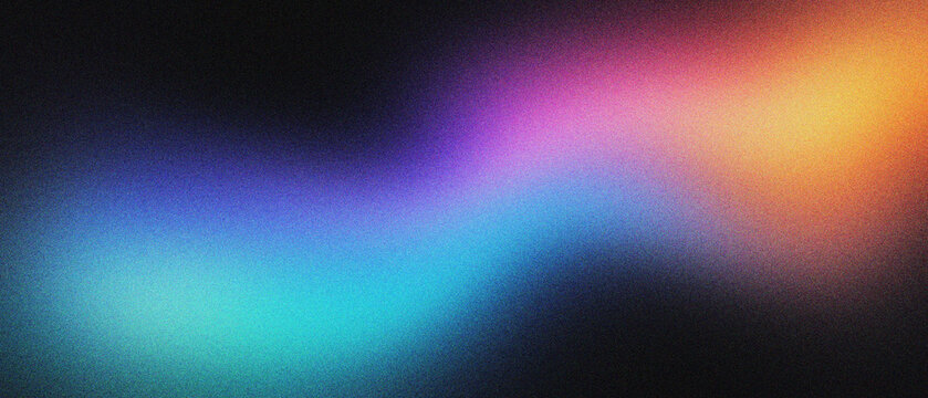 Grainy gradient background with vibrant neon light leak, abstract colorful blur texture on dark backdrop. Retro aesthetic aura wave for modern web design, social media posts and digital art.