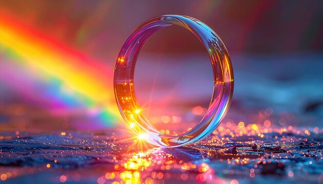 Colorful glass ring reflecting rainbow light symbolizing unity diversity love and balance in modern artistic expression and design concept