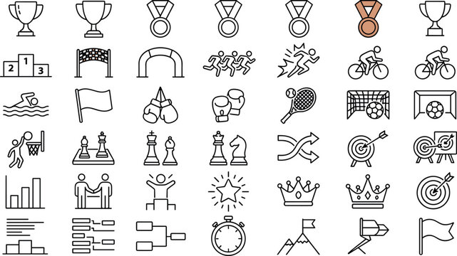 Sports tournament competition award victory and championship strategy line icon setSports tournament competition award victory and championship strategy line icon set