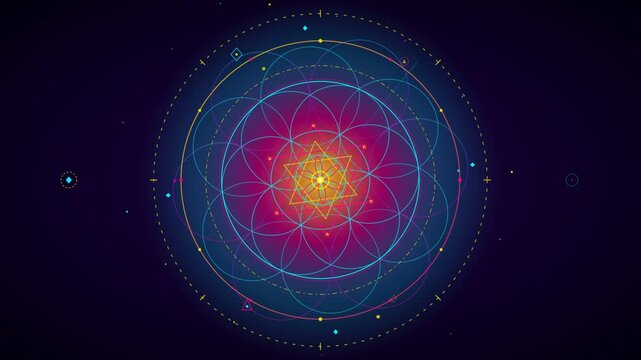 Abstract colorful glowing sacred geometry mandala rotating seamlessly on a dark background