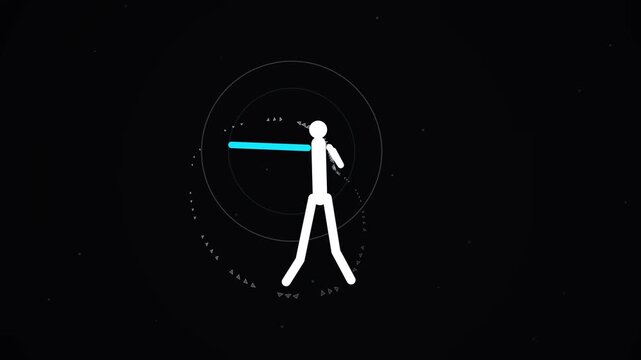 Minimalist stick figure fighting animation with circular particles