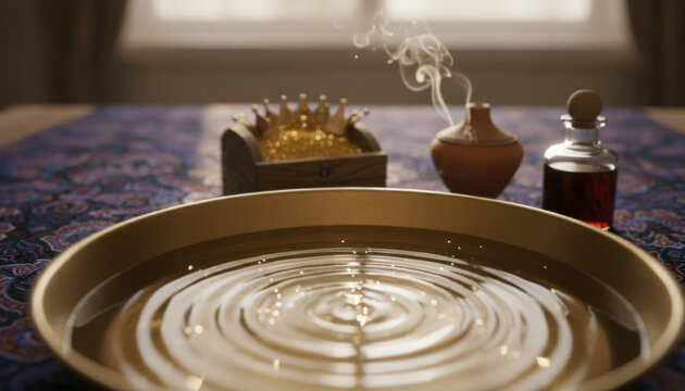 Golden bowl with gentle ripples stands before symbolic gift of gold, aromatic incense, and dark myrrh bottle in warm soft light marking tradition of Epiphany. Three Kings Day.