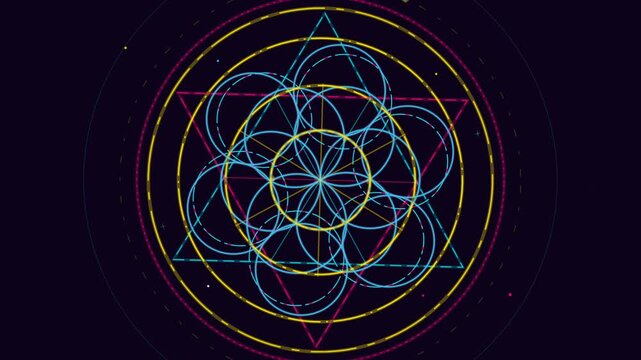 Animated sacred geometry flower of life pattern glowing with vibrant cyan and yellow neon lines on a dark background.