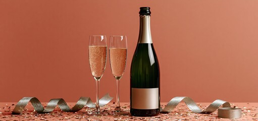 Obraz premium Elegant sparkling wine bottle with crystal flutes and festive silver ribbons on a coral background.