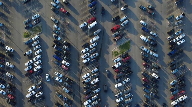 Bright afternoon sunlight illuminates dense vehicle rows along Outer Suburb corridor near Potranco Road during rush hour. Drivers navigate aisles for open spaces, San Antonio, Texas