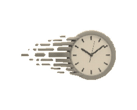 Vintage retro halftone clock with circle dots pattern and motion blur effect. Classic timepiece illustration featuring mid-century modern design is...