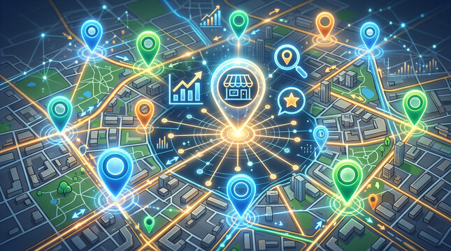 Glowing neon map with store location pins and navigation markers over a futuristic city grid.