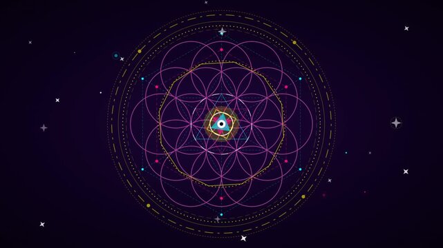 Animated sacred geometry flower of life pattern rotating on cosmic background
