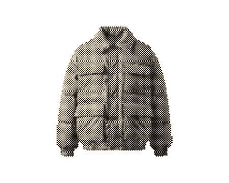 Vintage retro halftone puffer jacket with circle dot pattern and multiple pockets. Stylish beige winter coat for men and women isolated on transpar...