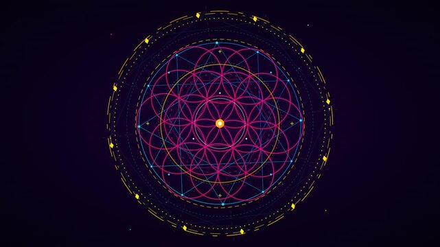 Animated sacred geometry flower of life rotating on dark background