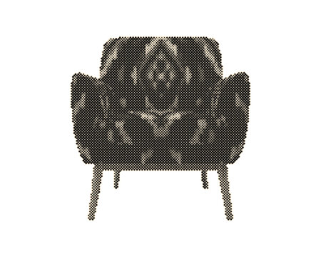 Vintage retro armchair with vibrant halftone circle dot pattern design. Mid-century modern seating furniture illustration with bold geometric print...