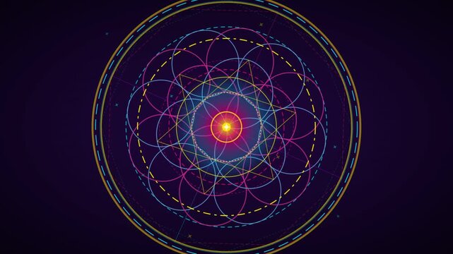 Animated sacred geometry mandala rotating with colorful neon glowing lines on dark space background.