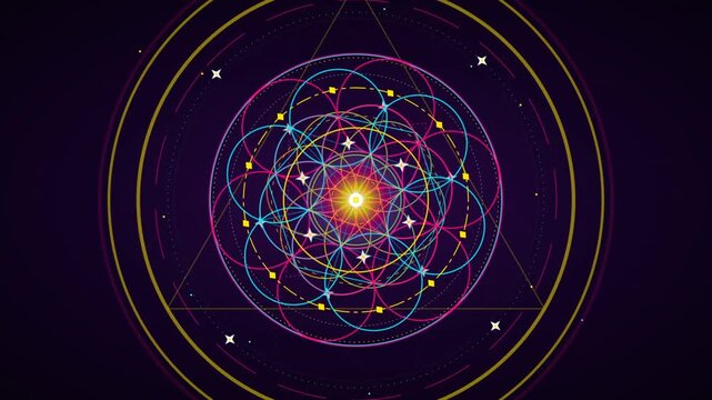 Animated sacred geometry mandala rotating with colorful neon lines on dark background