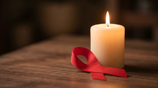 Red awareness ribbon beside lit memorial candle on wooden table, World AIDS Day support symbol, still life with shallow depth of field and copy space