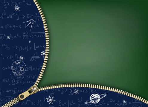 Green school board with mathematical formulas and drawn planets and satellites. Vector illustration with copy space.