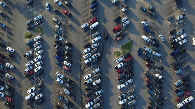 Marked parking stalls frame active driving lanes at crowded Far Westside grocery center near Potranco Road. Pedestrians push shopping carts toward entrance doors, San Antonio, Texas