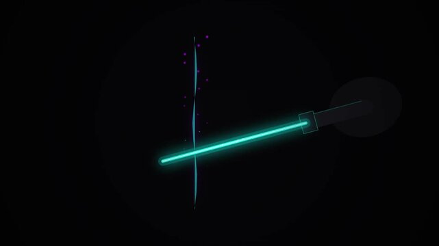 Neon laser blade cutting through dark surface with electric sparks