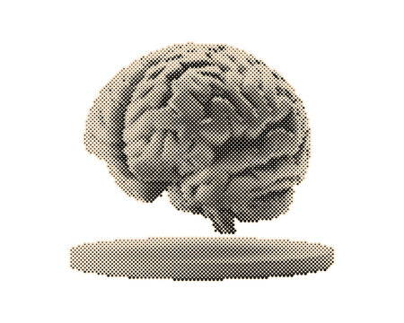 Vintage retro halftone brain illustration with circle dots pattern. Creative human mind concept vector art for science and psychology projects isol...