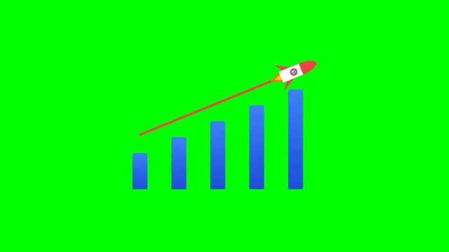 Animated Blue Bar Chart and Red Rocket Ship Rising Upwards Isolated on Green Screen, Representing Business Growth and Financial Success