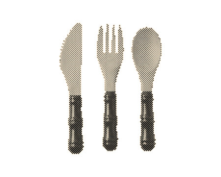 Vintage wooden cutlery set with green handles isolated on transparent background. Retro halftone fork knife and spoon vector illustration with circ...
