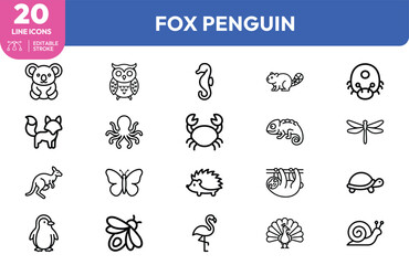 Fototapeta premium Wildlife creature set. Koala, owl, seahorse, hedgehog, penguin, and more. Editable stroke. Vector illustration.