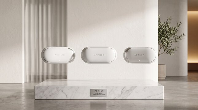 aether capsule collection pure biotec capsule white pill capsules luxury capsule design modern wellness pods minimalist health products white capsule packaging studio lighting