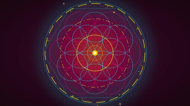 Glowing Flower of Life sacred geometry pattern rotating on dark background