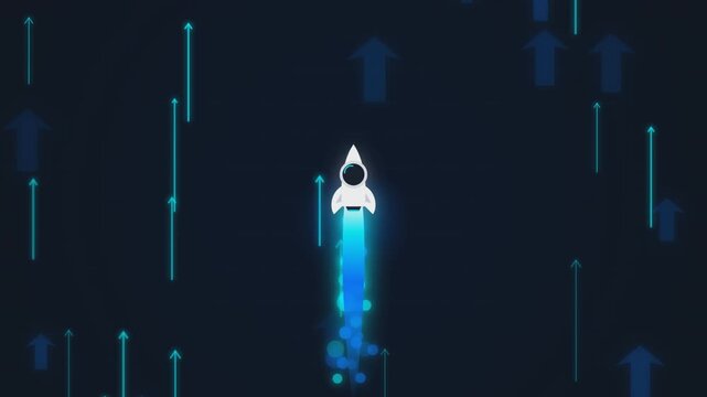Rocket ship launch animation, business growth concept with rising arrows, startup success and financial progress motion graphic