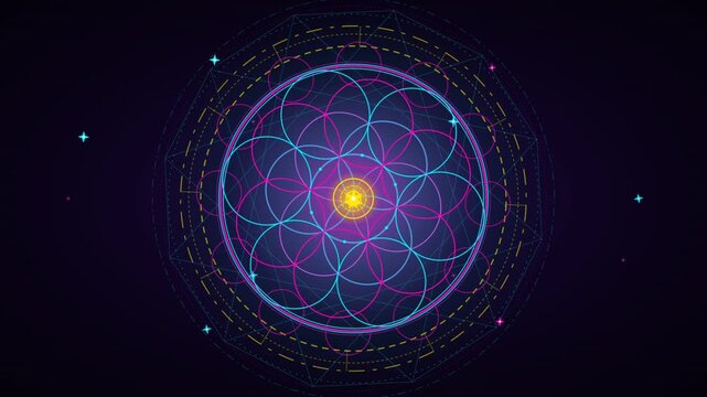 Glowing neon sacred geometry flower of life mandala rotating on dark space background