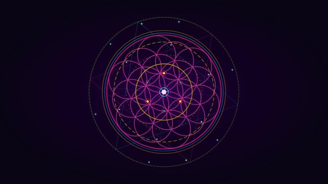 Glowing neon sacred geometry mandala rotating on dark background
