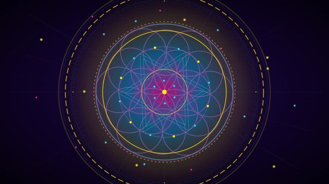 Glowing sacred geometry flower of life mandala rotating on dark cosmic background