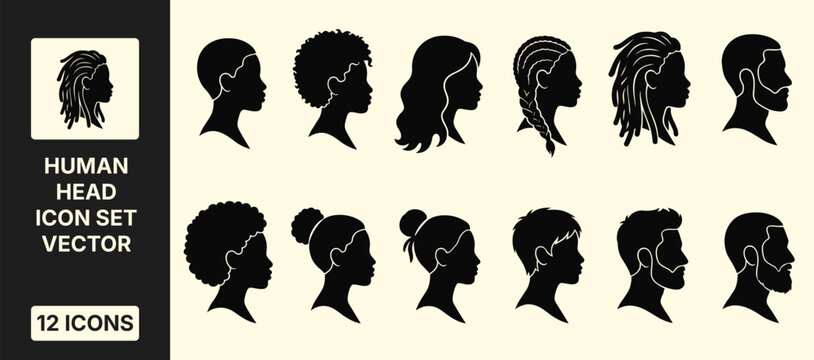 Set of human head silhouettes with various hairstyles and beards, profile view, vector illustration