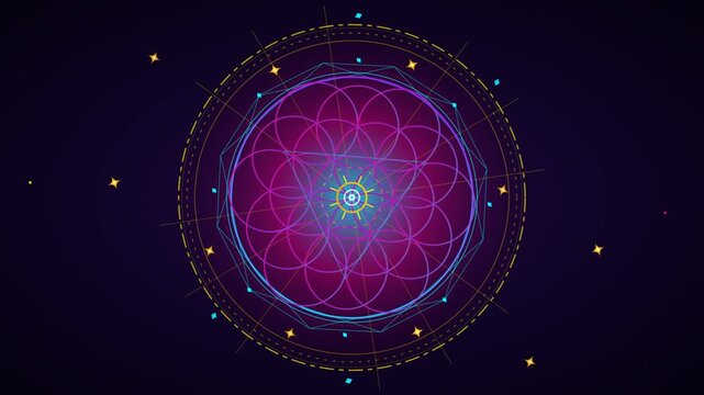 Glowing sacred geometry flower of life pattern rotating on dark space background